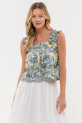 A close-up view of the Daisy Water Color Tank Top in Sage Multi featuring a floral watercolor pattern.