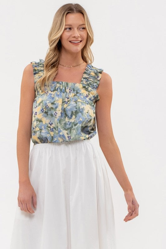 Daisy Water Color Tank Top in Sage Multi Floral Print