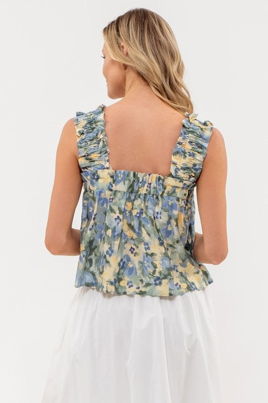 Daisy Water Color Tank Top in Sage Multi Floral Print