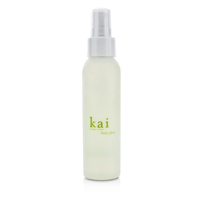 Kai Body Glow Hydrating Body Mist in a translucent frosted bottle with sage green branding.