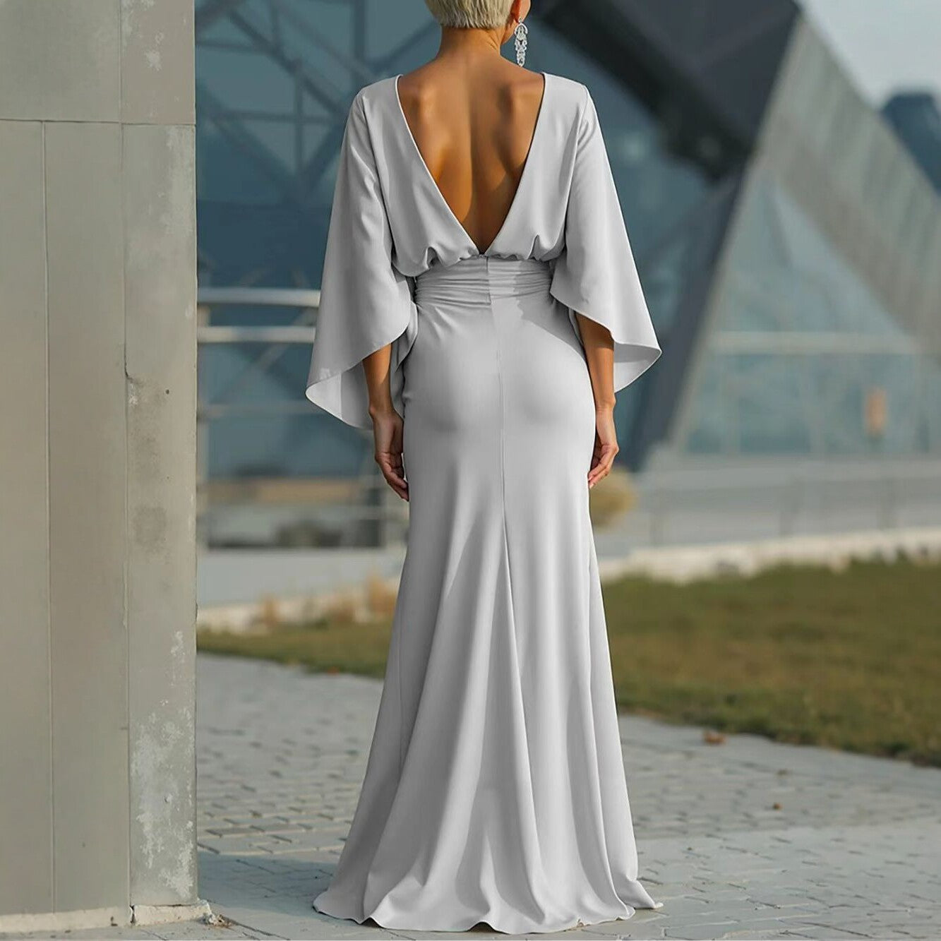 Backless Pleated Mermaid Maxi Dress - Silver Batwing Sleeve Gown