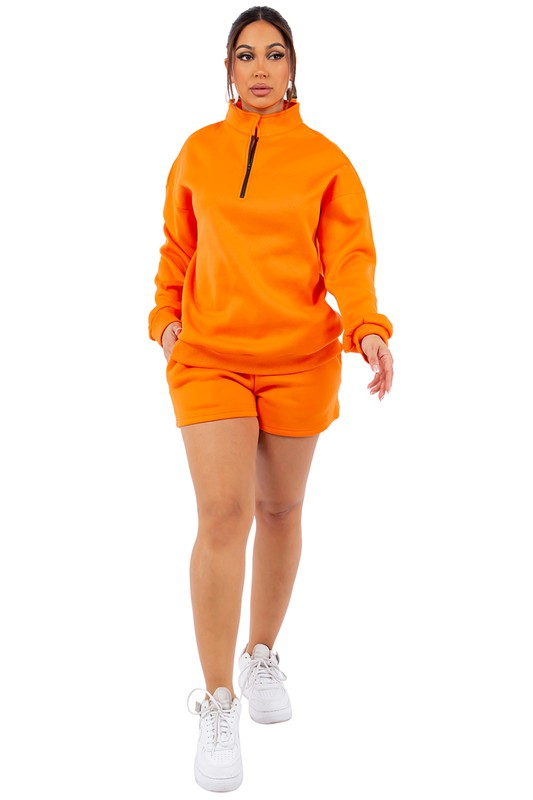 Women's Orange Cotton Sweatshirt & Shorts Set