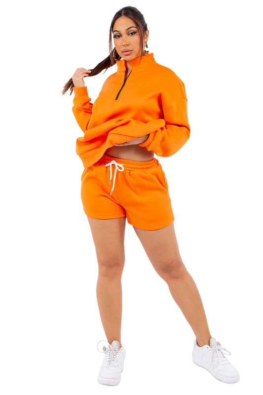 A comfortable women's matching sweatshirt and short set in a casual lounge style
