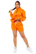 A comfortable women's matching sweatshirt and short set in a casual lounge style