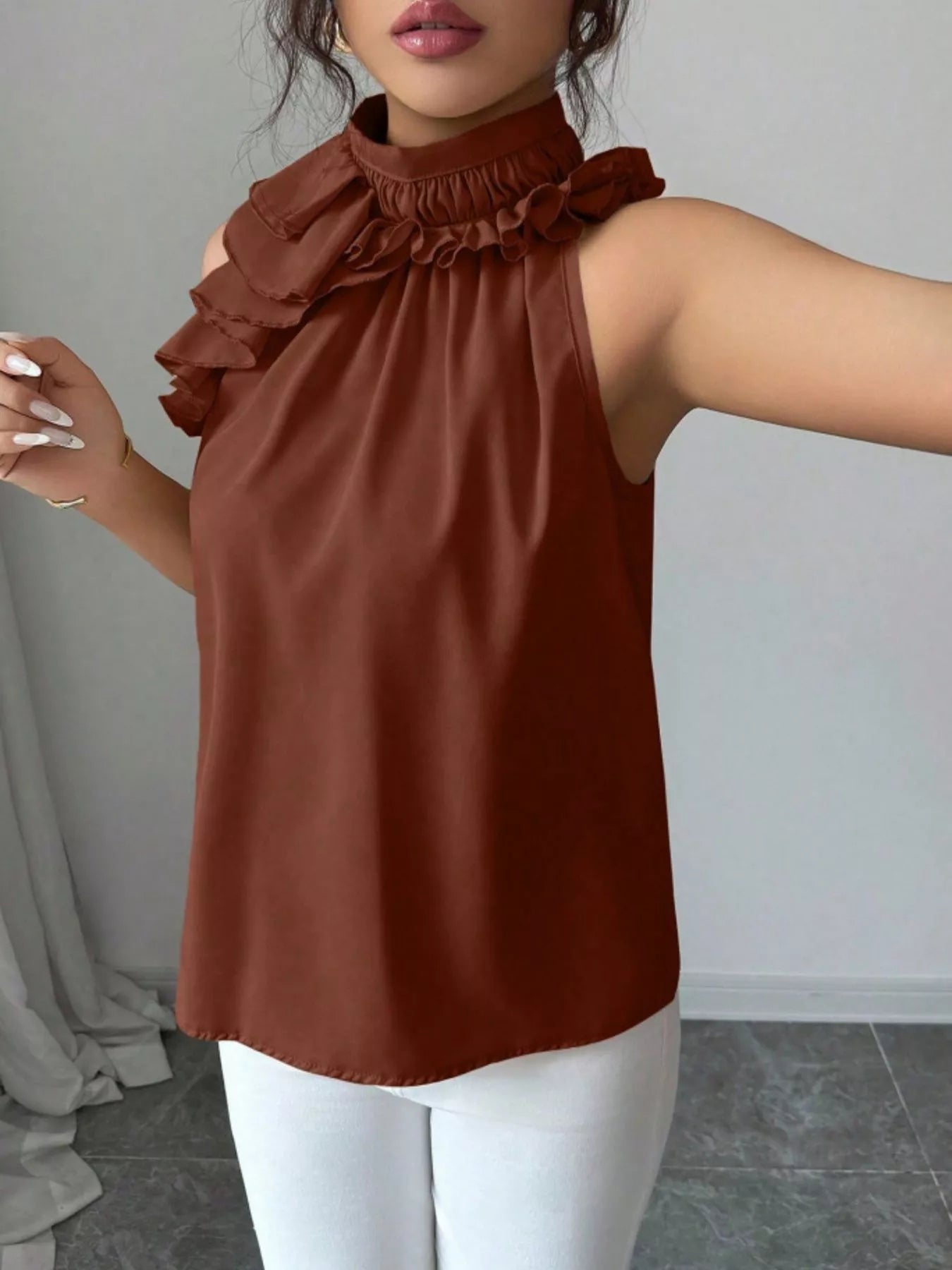 Ruffle High Neck Sleeveless Tank