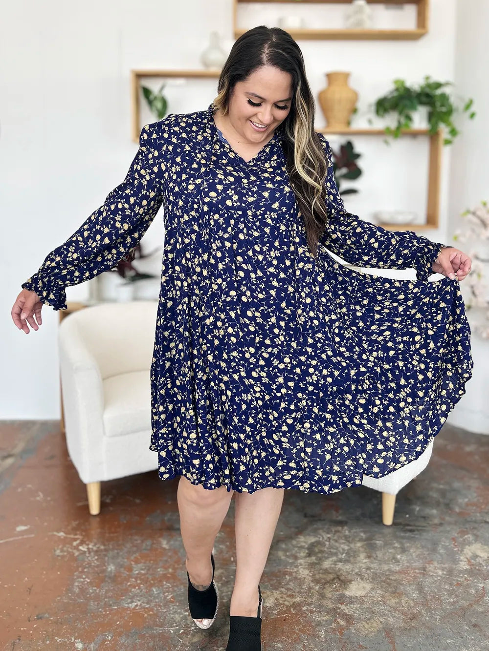Printed Ruffle Hem Long Sleeve Tiered Midi Dress