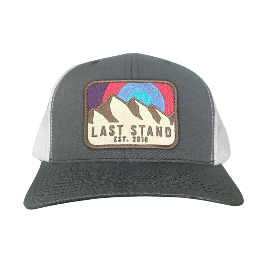 Unisex baseball hat featuring a mountain sunset graphic, available in grey, white, blue, and black cotton