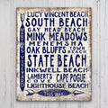 Vintage wood arrow sign featuring Martha's Vineyard beach locations in navy blue on a distressed white background.