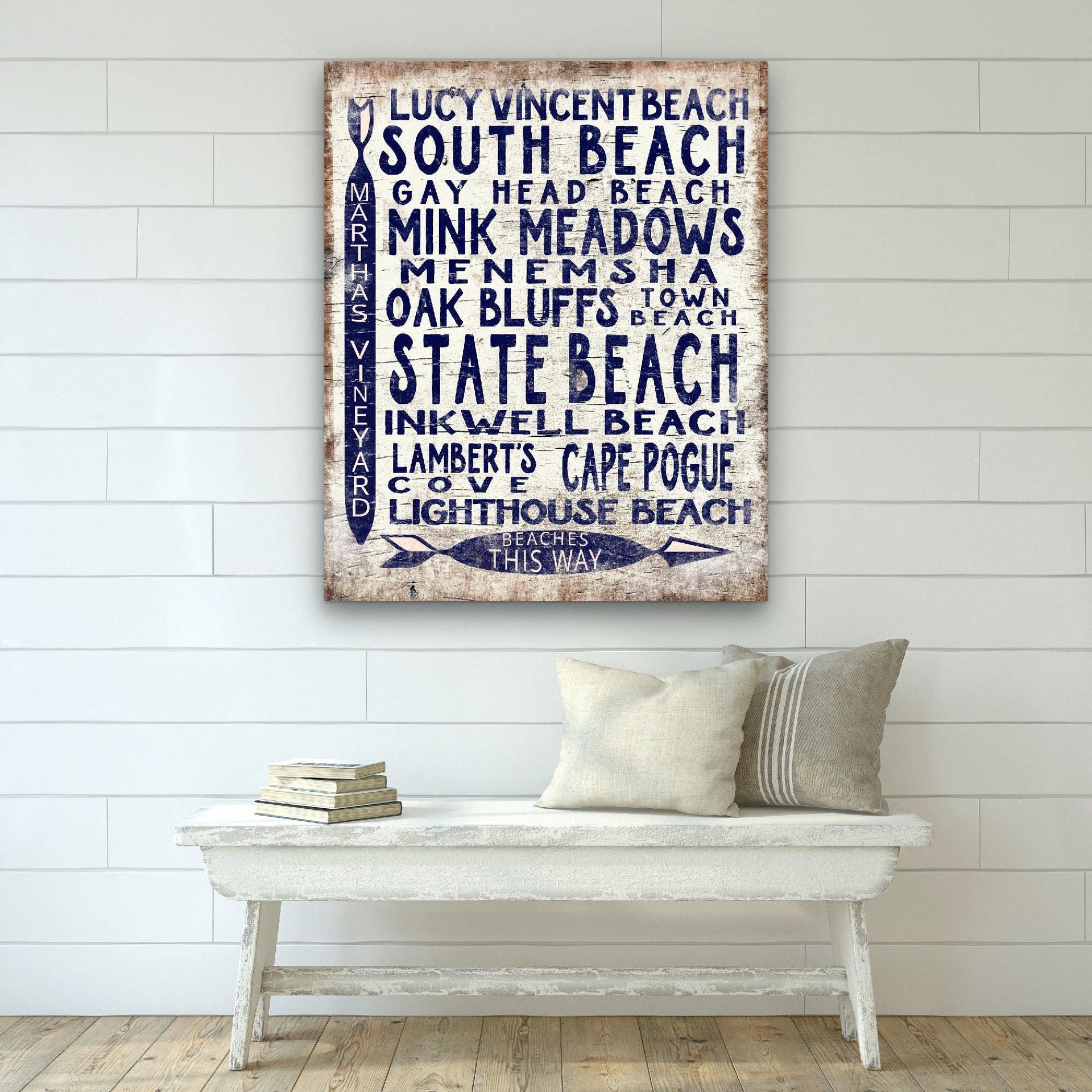 Martha's Vineyard Beaches Sign - Coastal Vintage Wood Arrow Decor