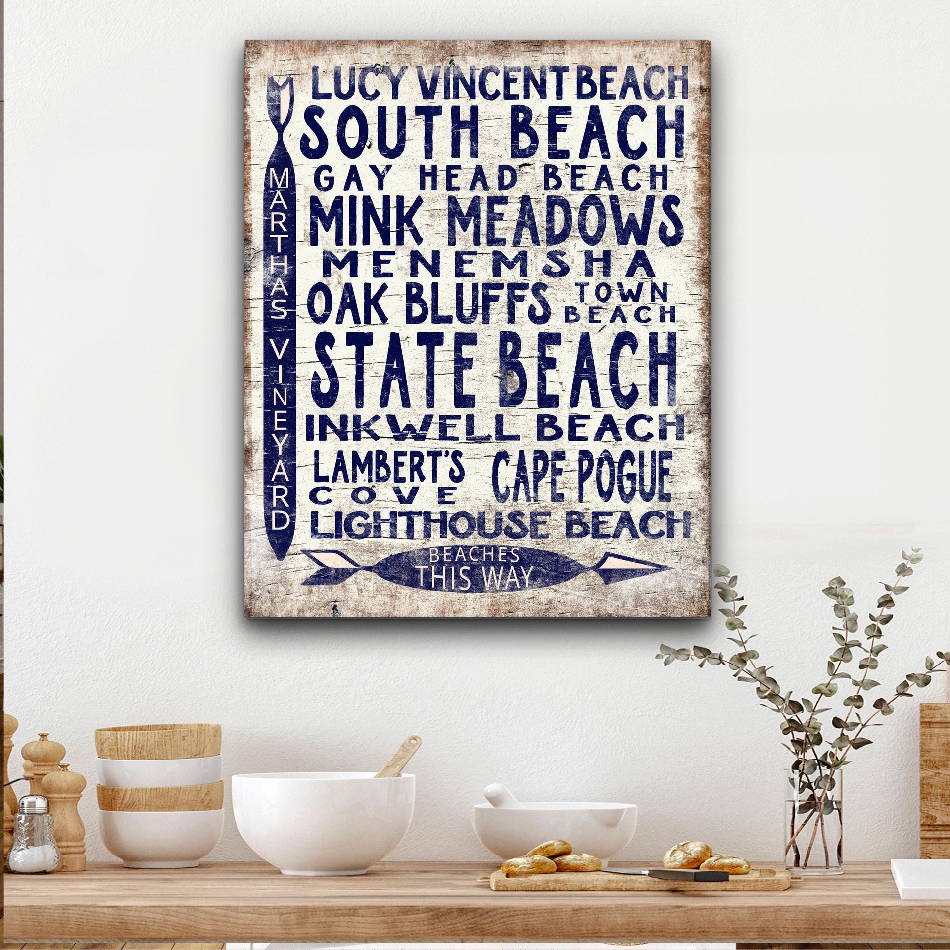 Martha's Vineyard Beaches Sign - Coastal Vintage Wood Arrow Decor
