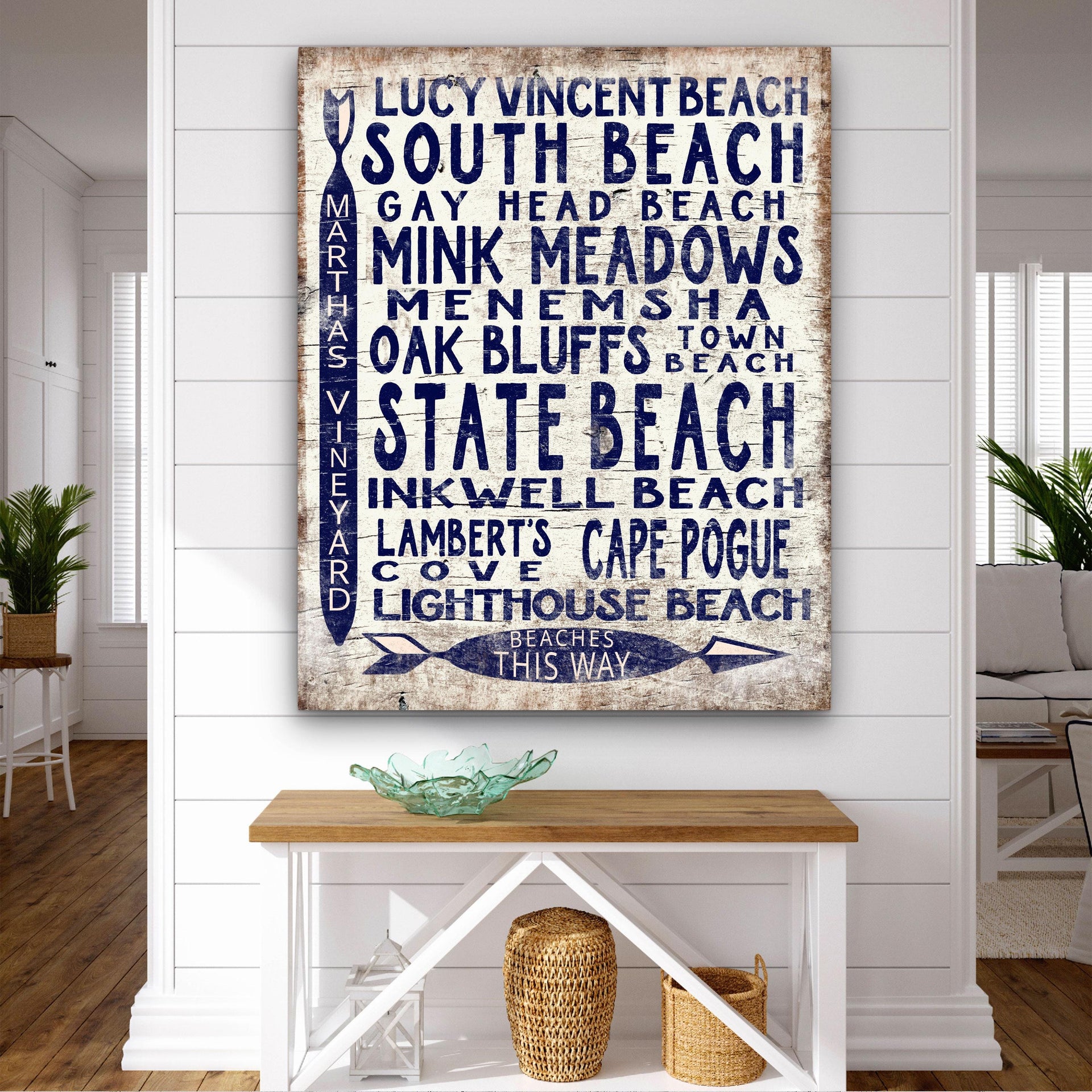 Martha's Vineyard Beaches Sign - Coastal Vintage Wood Arrow Decor