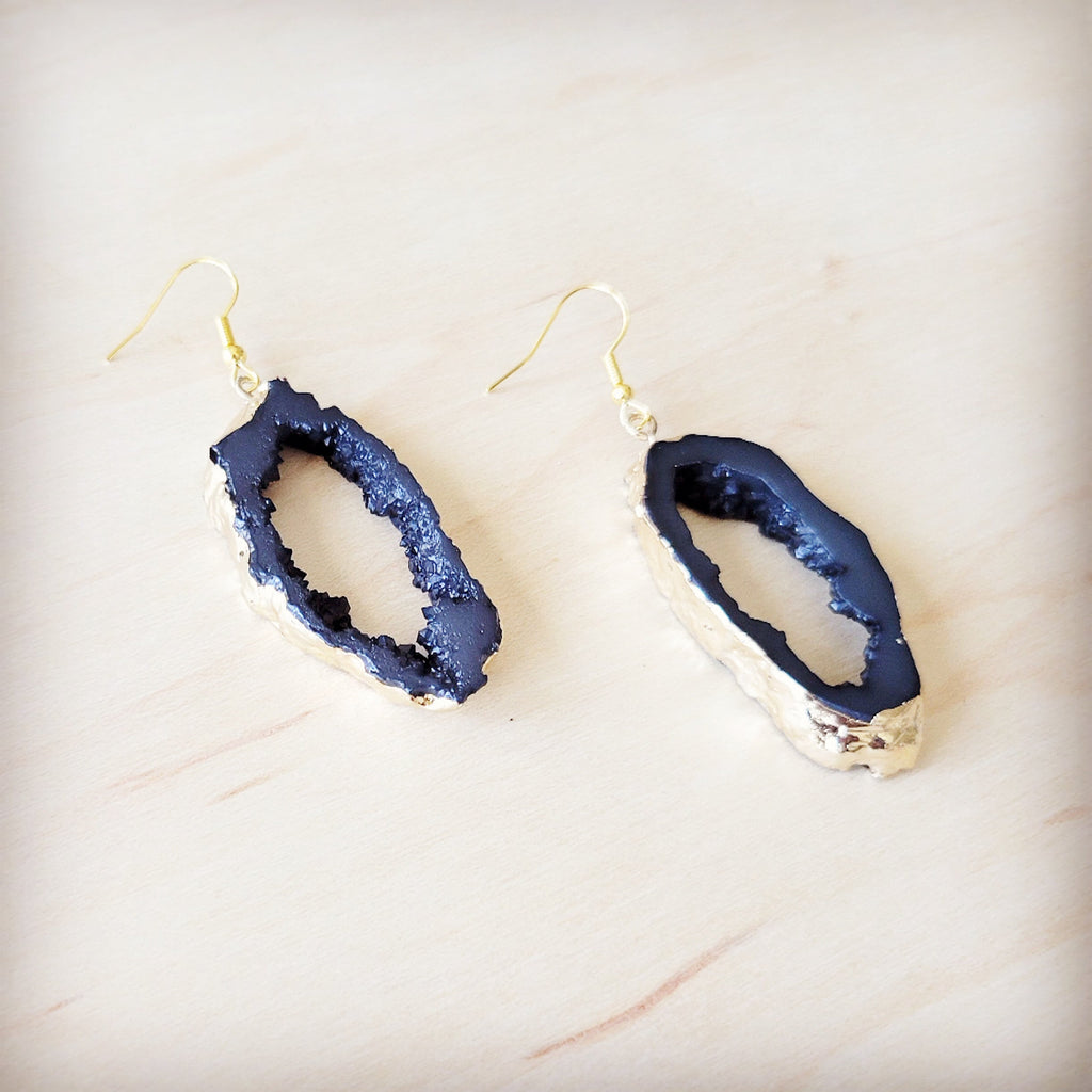 Black Crystalized Geode Dangle Earrings with Gold-Tone Edges - Image 2