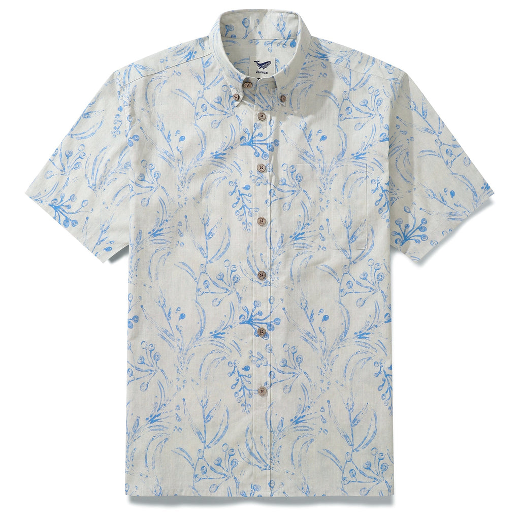 Men's button-down shirt featuring a vintage, hand-carved block print of leaves and flower buds.