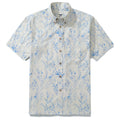 Men's button-down shirt featuring a vintage, hand-carved block print of leaves and flower buds.