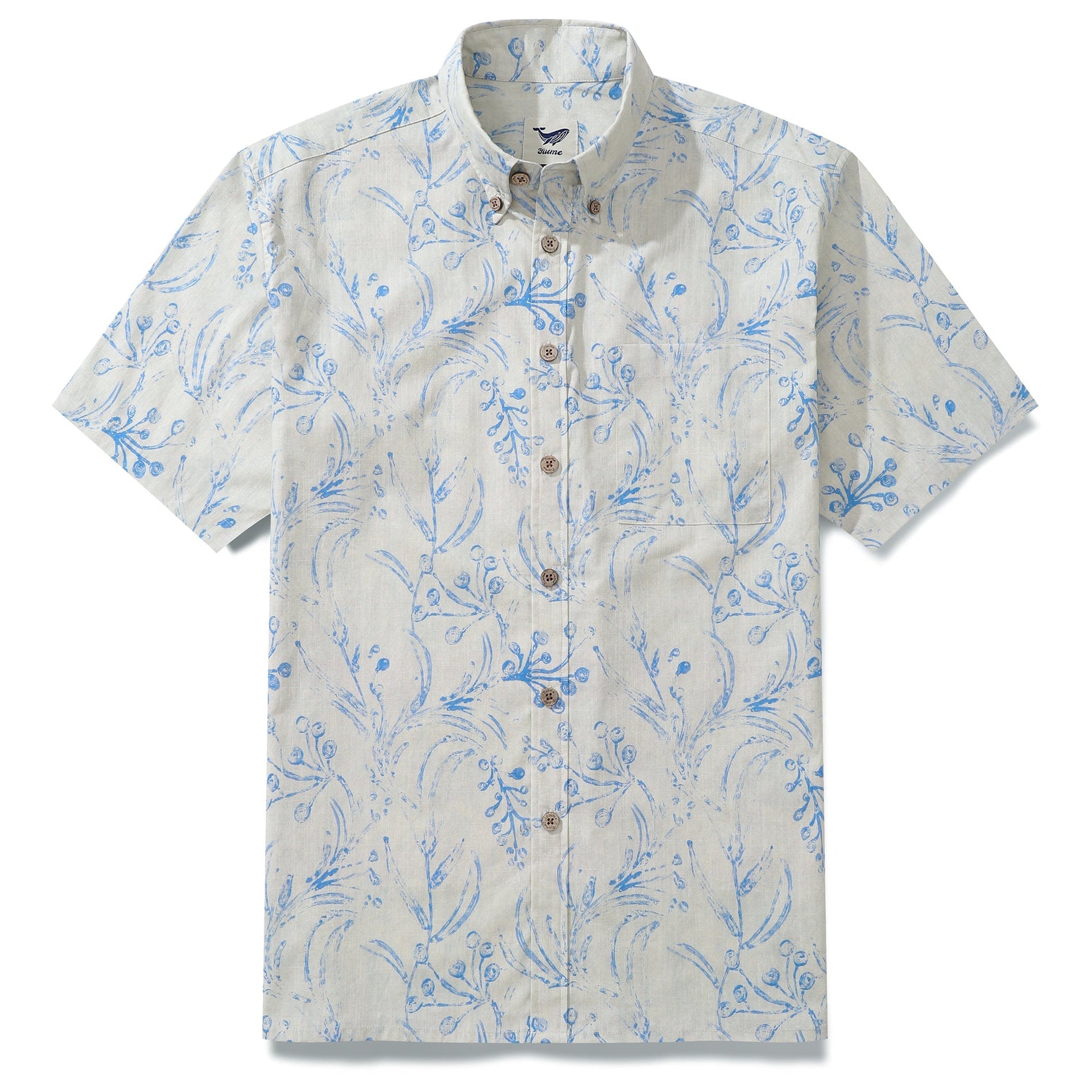 Men's button-down shirt featuring a vintage, hand-carved block print of leaves and flower buds.