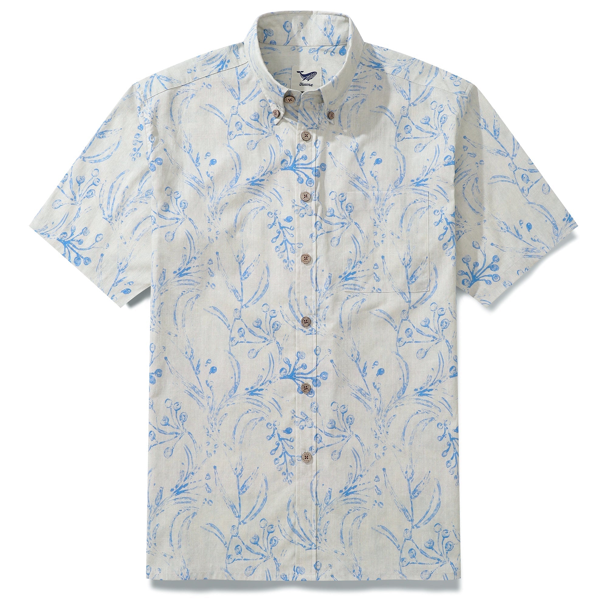 Men's button-down shirt featuring a vintage, hand-carved block print of leaves and flower buds.
