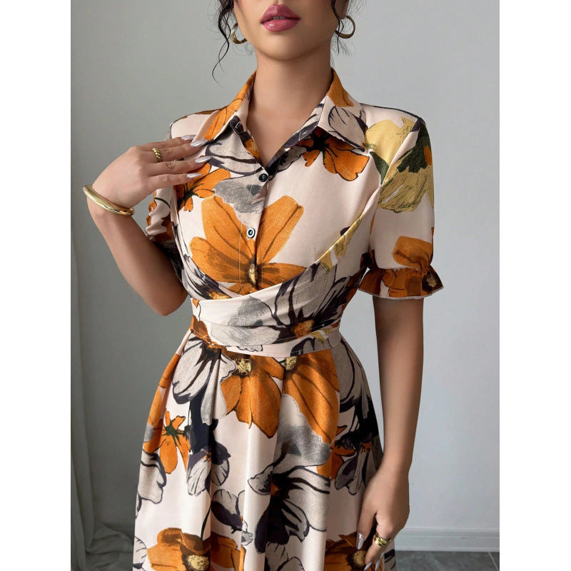 Women’s Printed Puff Sleeve Midi Dress with Cross-Tie Waist - Image 6