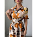 Women’s Printed Puff Sleeve Midi Dress with Cross-Tie Waist - Image 6