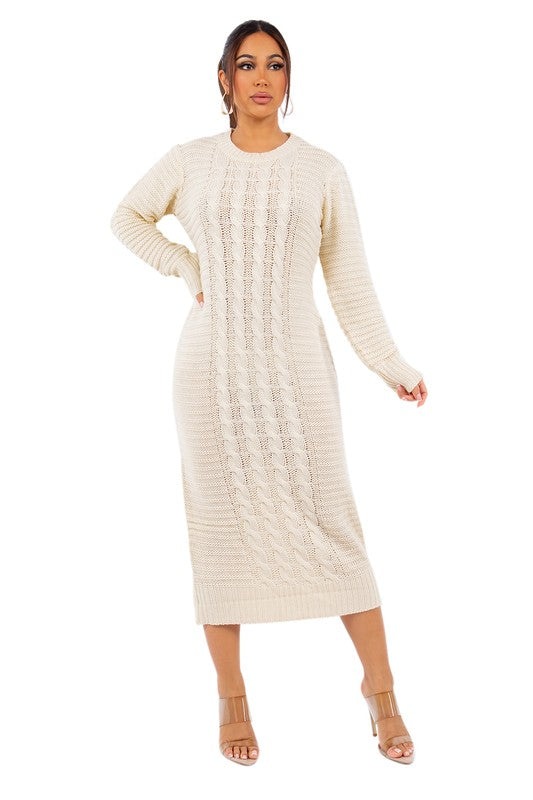 A woman wearing a long-sleeve knit maxi sweater dress in a neutral tone