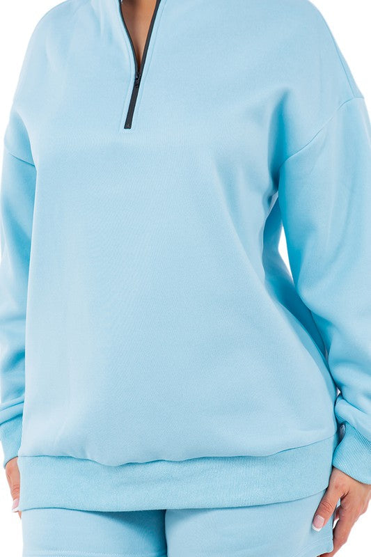 Women's Light Blue Knit Sweatshirt & Shorts Set