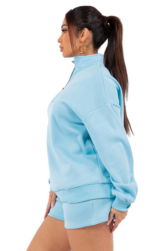 Women's Light Blue Knit Sweatshirt & Shorts Set