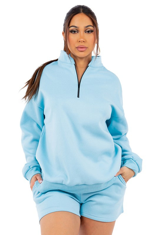Women's Light Blue Knit Sweatshirt & Shorts Set