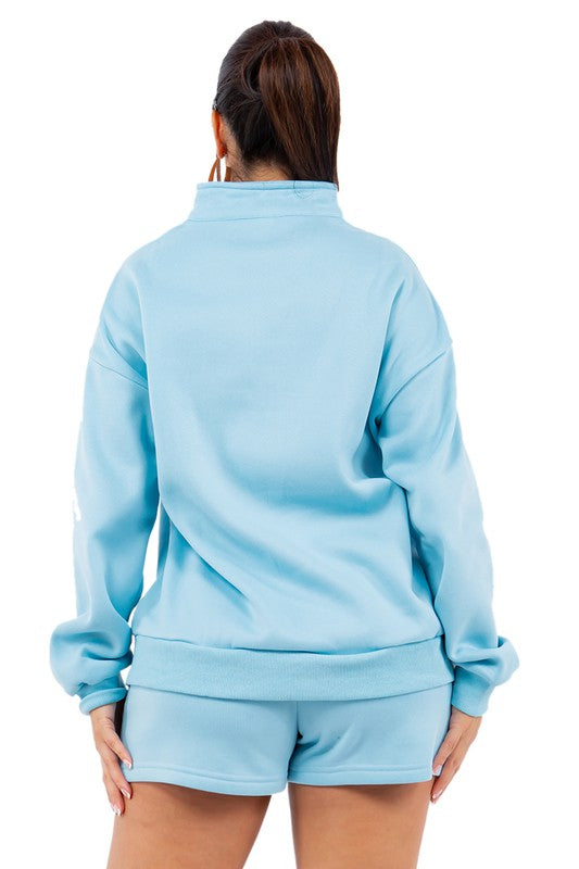 Women's Light Blue Knit Sweatshirt & Shorts Set