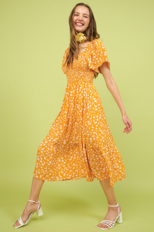 Flower Print Flutter Sleeve Smocked Midi Dress