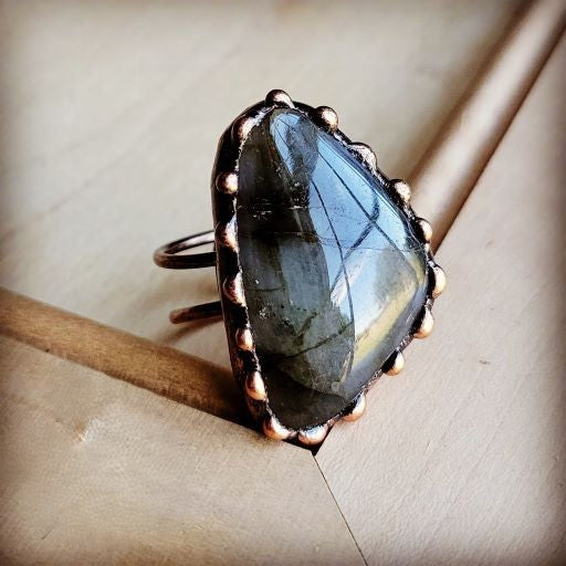 Genuine Labradorite Ring in Antique Copper