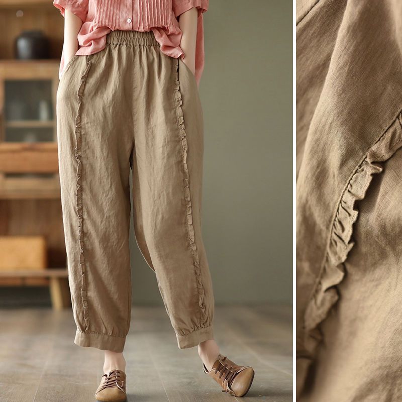 Women's High-Waist Capri Harem Pants with Ruffle Detail - Image 3