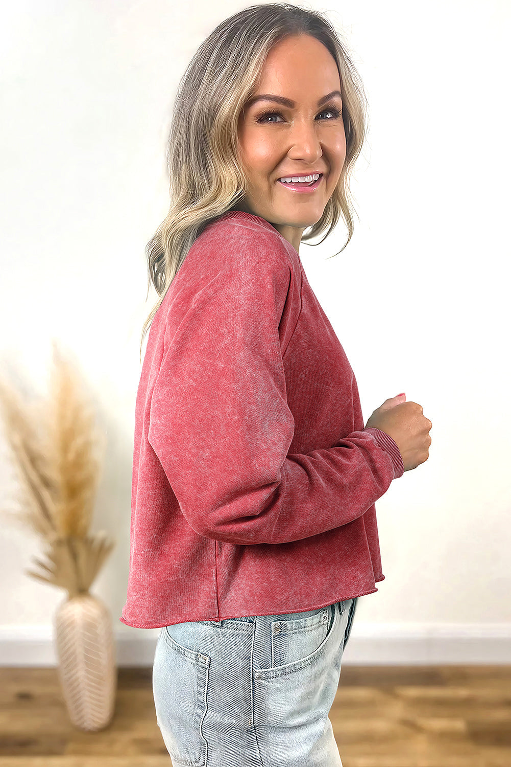 Racing Red Mineral Wash Raglan Crop Sweatshirt