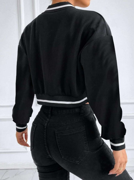 Women's Black Letterman Cropped Baseball Jacket Casual Outerwear