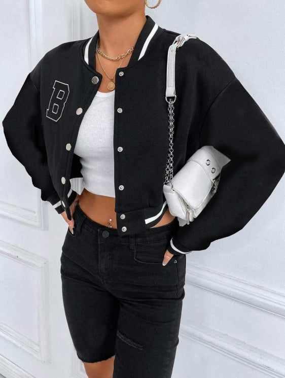 Women's Black Letterman Cropped Baseball Jacket Casual Outerwear