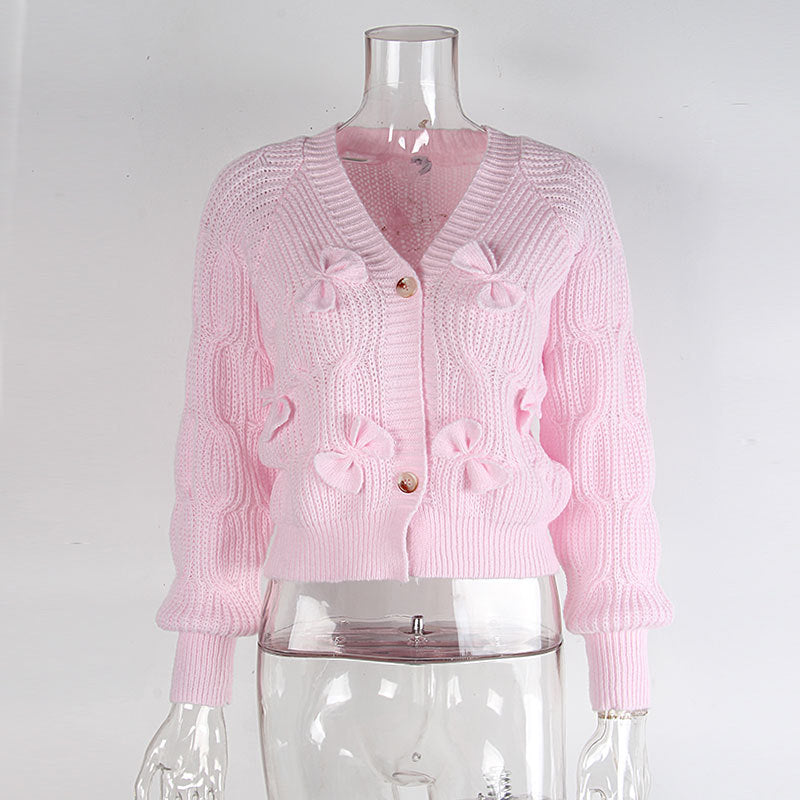 Women's Pink Bow Detail Cropped V-Neck Knit Cardigan - Image 7