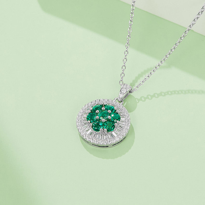 S925 Silver 3.5g 0.75ct Lab-Created Emerald Necklace, Cluster Halo Pendant, 40&5cm
