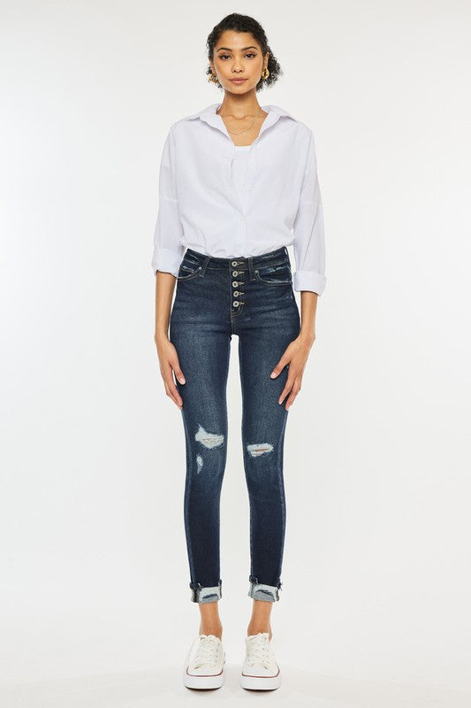 High Rise Skinny Ankle Jeans with Cuffed Hem | Dark Indigo