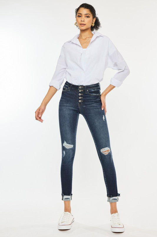High Rise Skinny Ankle Jeans with Cuffed Hem | Dark Indigo