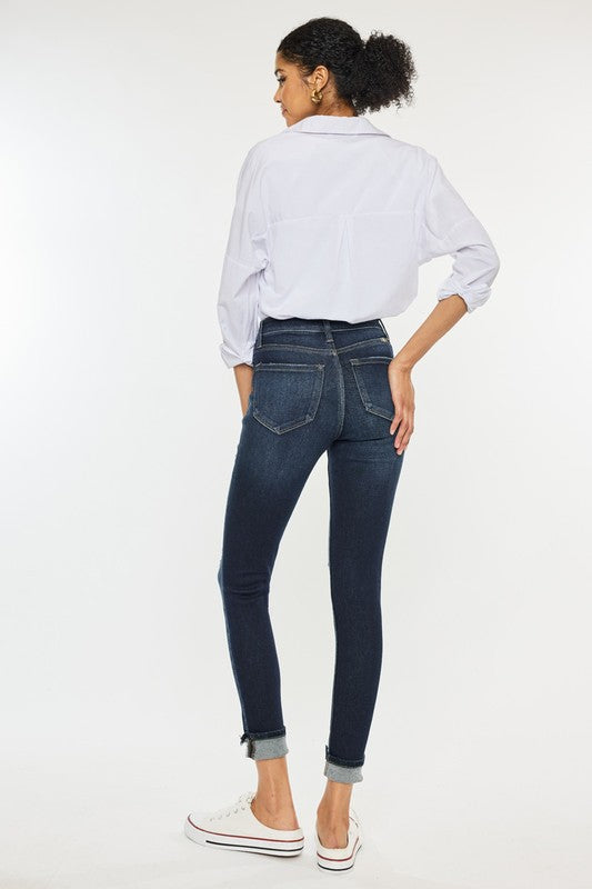 High Rise Skinny Ankle Jeans with Cuffed Hem | Dark Indigo