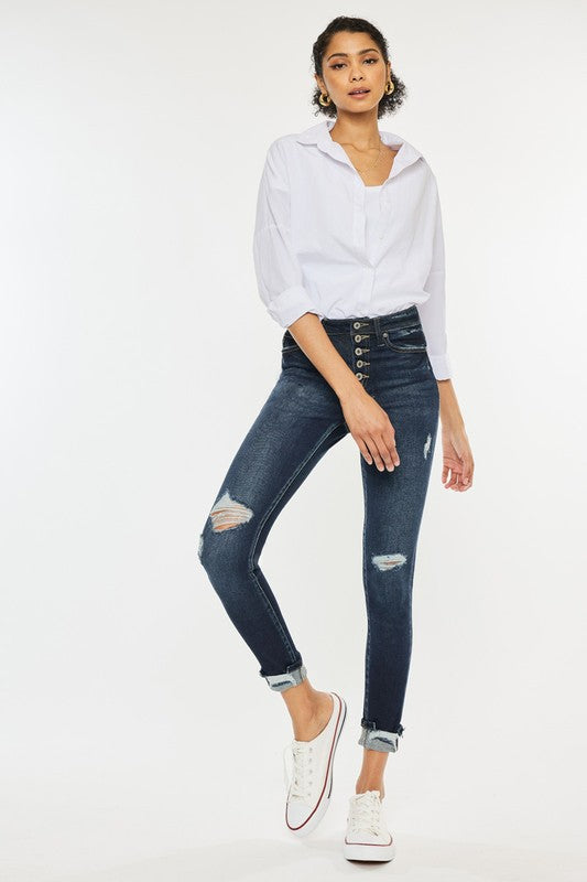 High Rise Skinny Ankle Jeans with Cuffed Hem | Dark Indigo