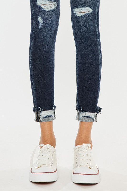 High Rise Skinny Ankle Jeans with Cuffed Hem | Dark Indigo