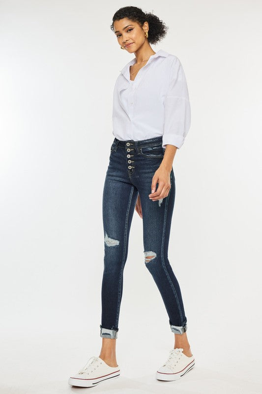 High Rise Skinny Ankle Jeans with Cuffed Hem | Dark Indigo
