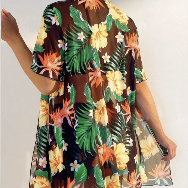 Women’s Floral Print Beach Set Kimono and Shorts Two-Piece Outfit