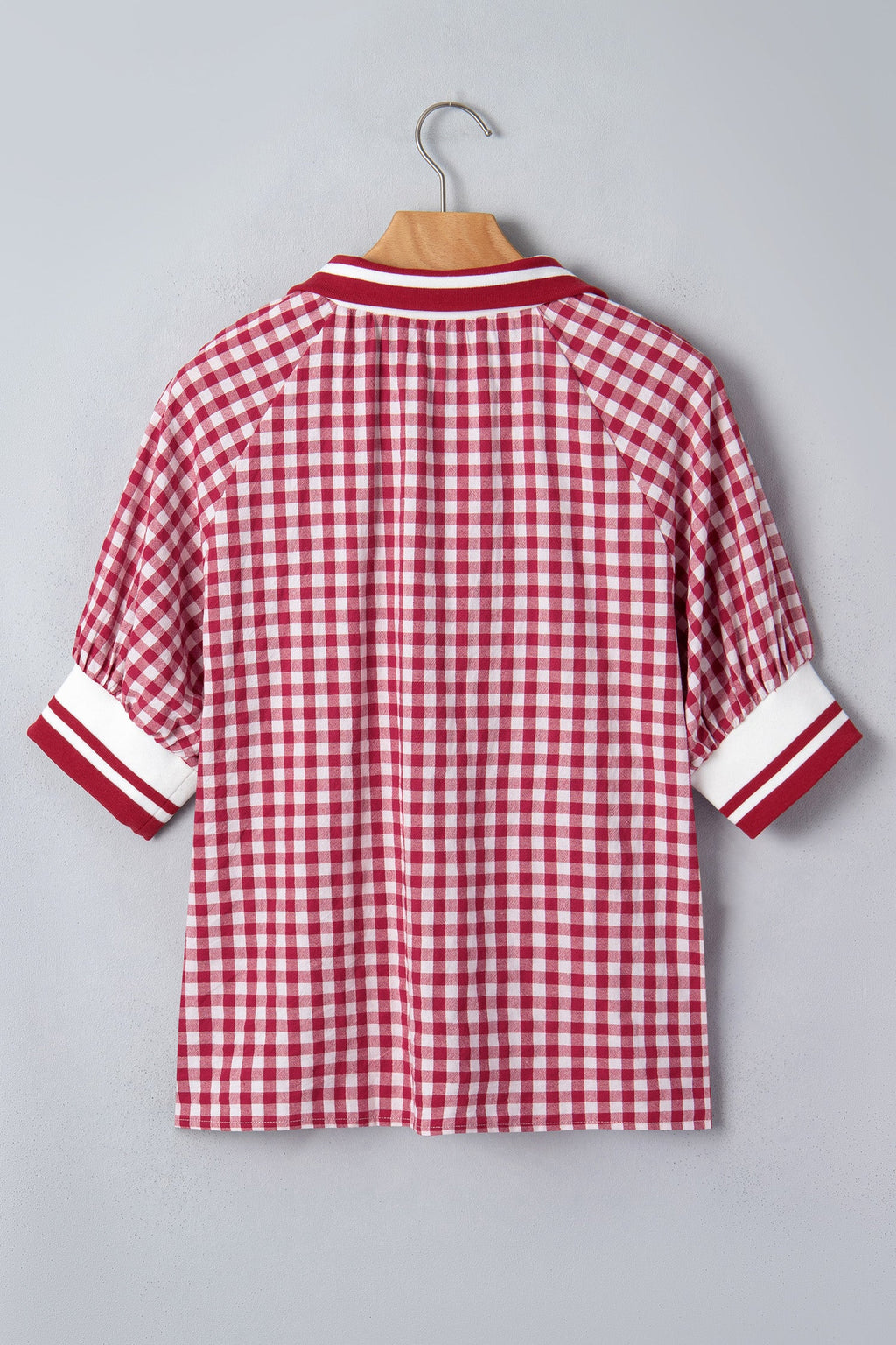 Journi Patchwork Half Zip Blouse in Red and White Geometric