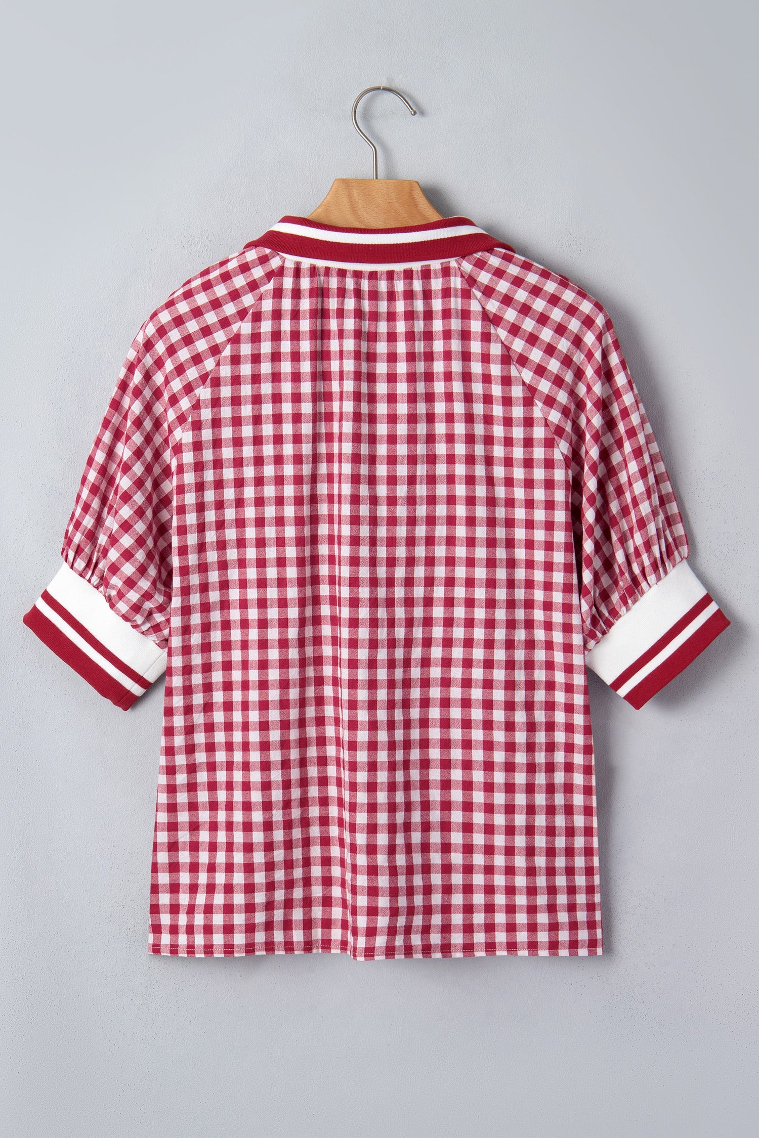Journi Patchwork Half Zip Blouse in Red and White Geometric