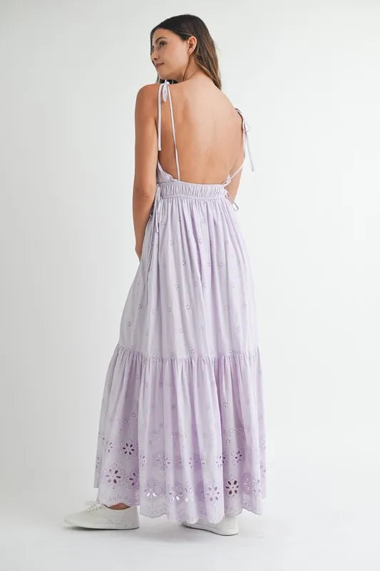 Light-Purple Eyelet Lace Maxi Dress with Modern Side Strap Detail