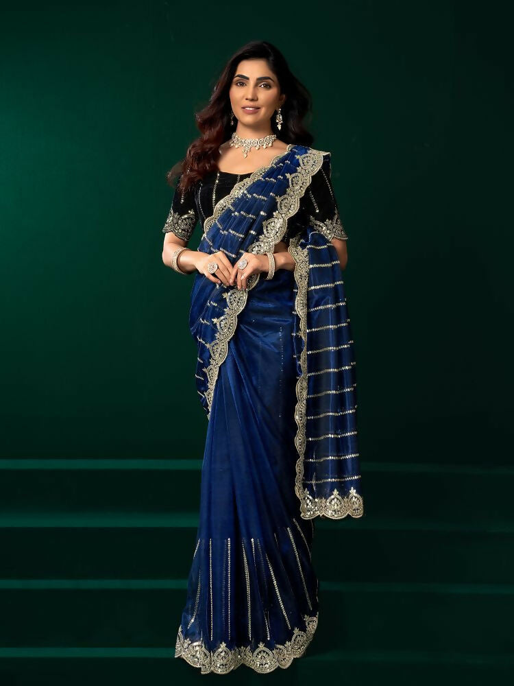 Navy Blue Net Party Wear Saree with Black Velvet Blouse Set