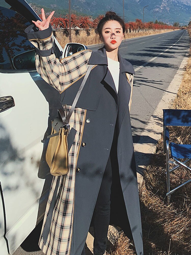 Women's Retro Plaid Patchwork Over-The-Knee Windbreaker Coat - Image 4