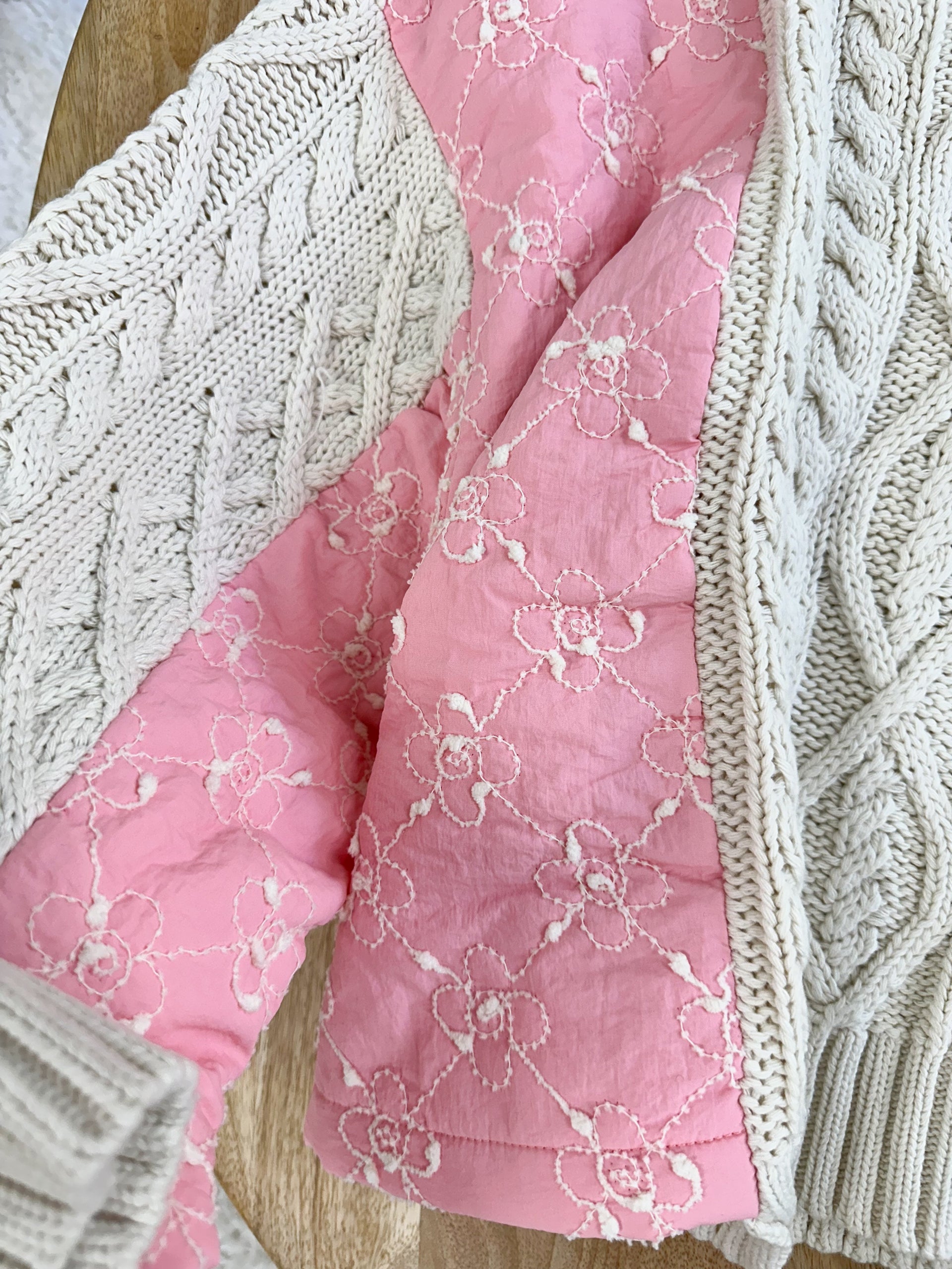 Pink Blossom Quilted Cotton Hoodie Sweater with Metal Buttons