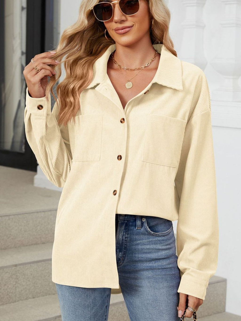 Rayon Button Up Dropped Shoulder Long Sleeve Shirt