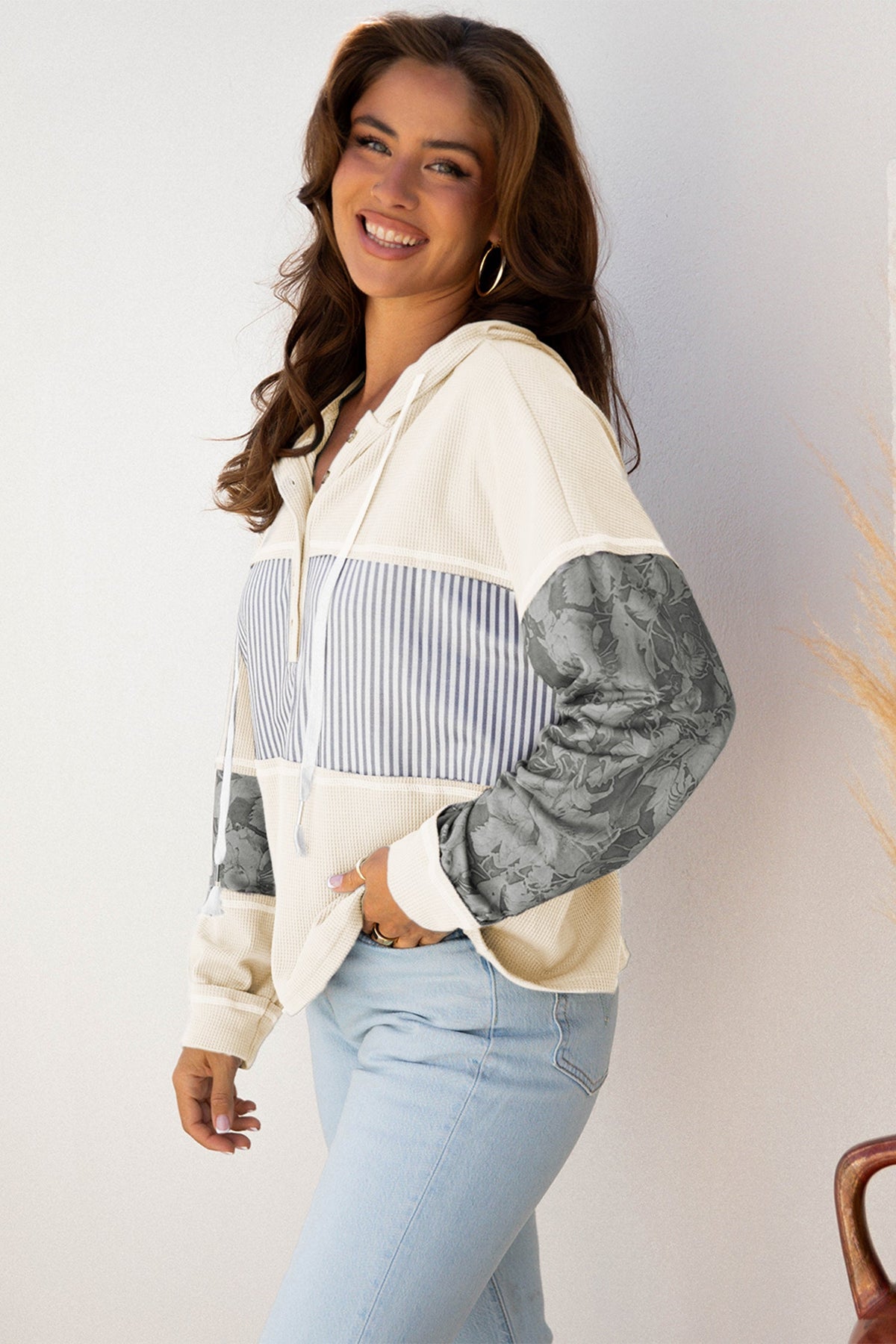 Stripe Waffle Patchwork Hooded Long Sleeve Top